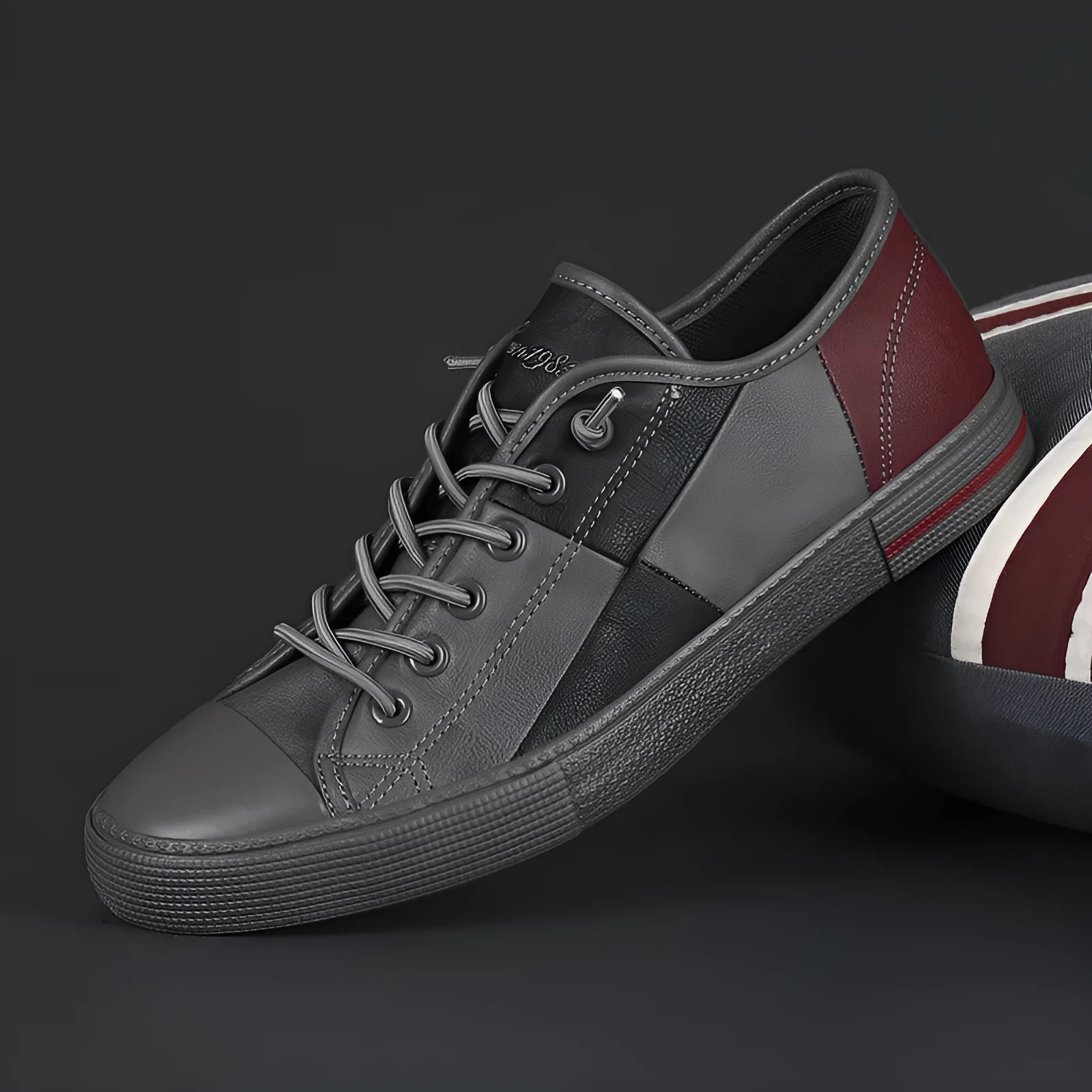 Men's colour-contrast microfiber leather pumps with rubber vulcanised sole, flat heel, round toe, shown in black and white colour option