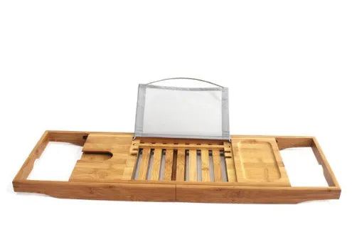 Natural bamboo bathtub frame with single shelf for bathroom storage on desktop surface