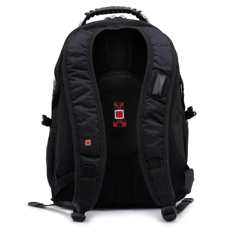 Black business backpack open to show three internal compartments and laptop sleeve