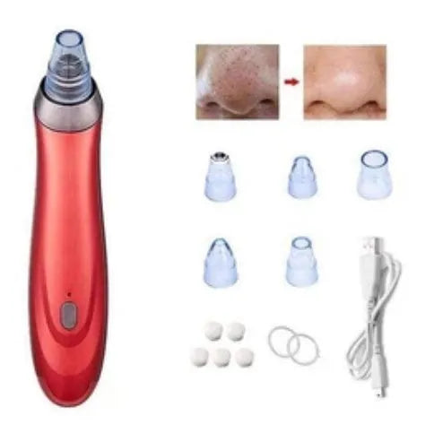 Electric blackhead extractor tool in black, gold, red, or white with interchangeable nozzles.