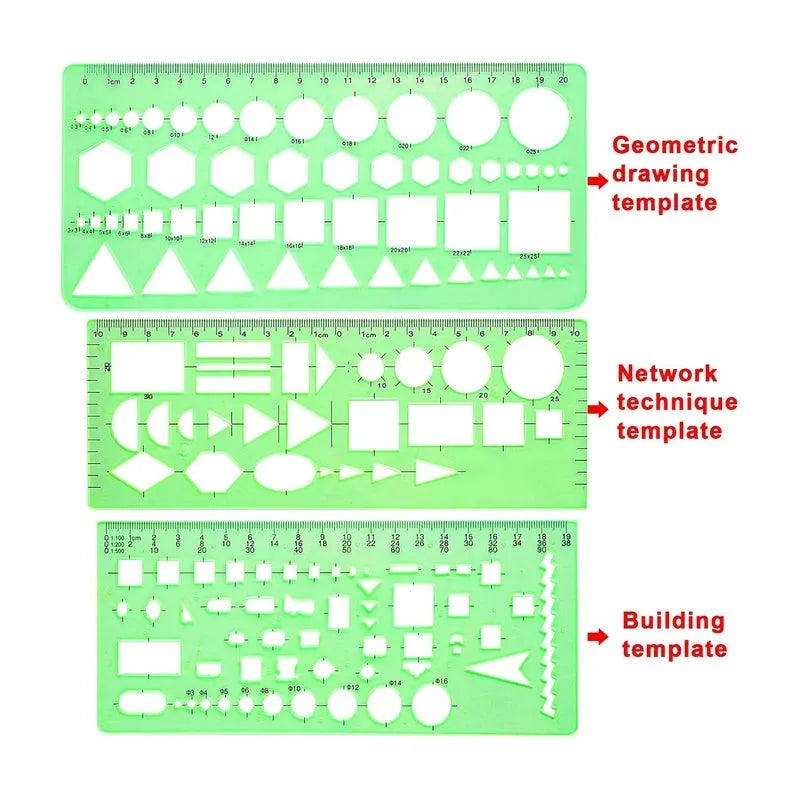 Clear green plastic geometric drawing templates set with eleven pieces and poly zipper envelope on white background