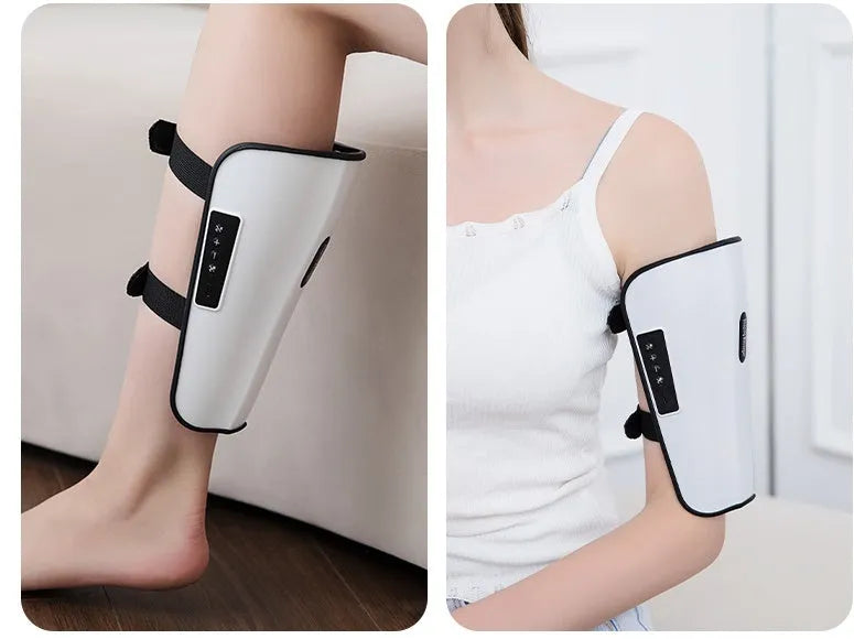 White plastic pulse calf massager with infrared heat, electrotherapy and 15 massage modes, showing Type-C USB port.