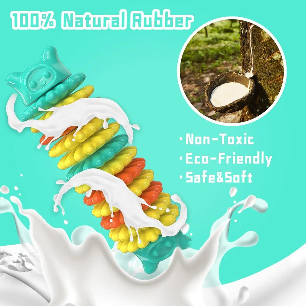 Blue caterpillar-shaped natural rubber dog chew toy for aggressive chewers.