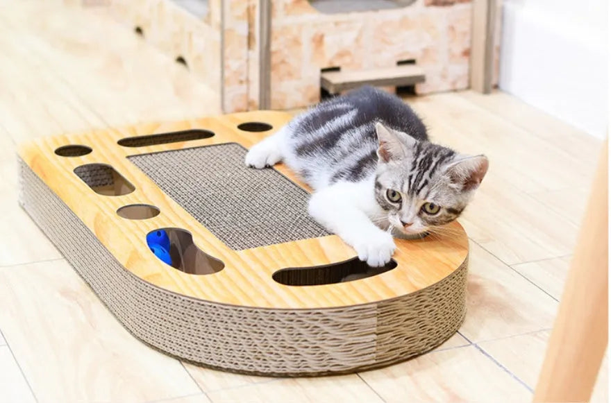 Brown corrugated cat scratch board with attached ball measuring 50.5x30.5x6cm