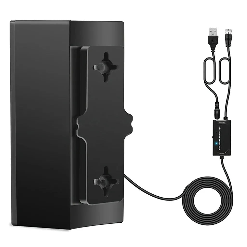 Black plastic HD digital television antenna with mounting accessories including expansion tubes and screws