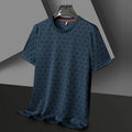 Men's black ice silk short sleeve t-shirt with round neck and loose fit casual design