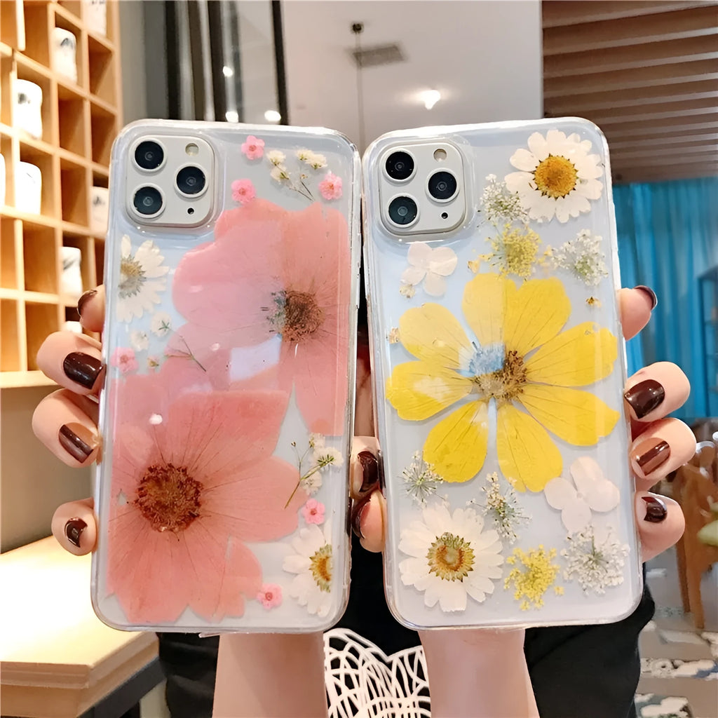 Floral print TPU phone case for iPhone showing pink flower design on back cover