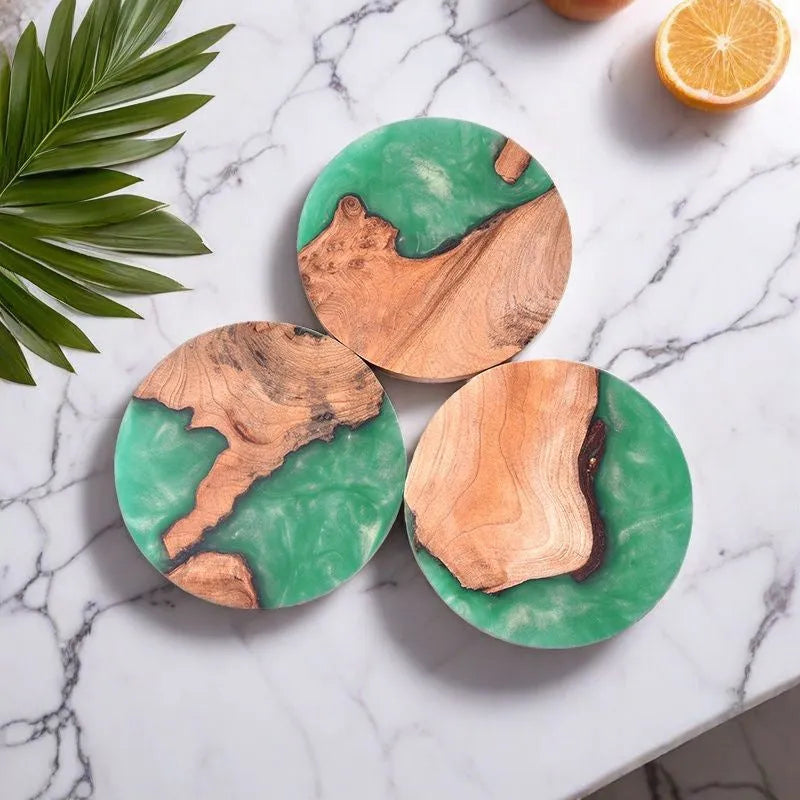 Solid hardwood kung fu tea coaster with heat insulation resin splicing in round tumour green colour