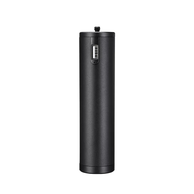 Black aluminium alloy portable power bank with a carrying handle, showing front and side views.