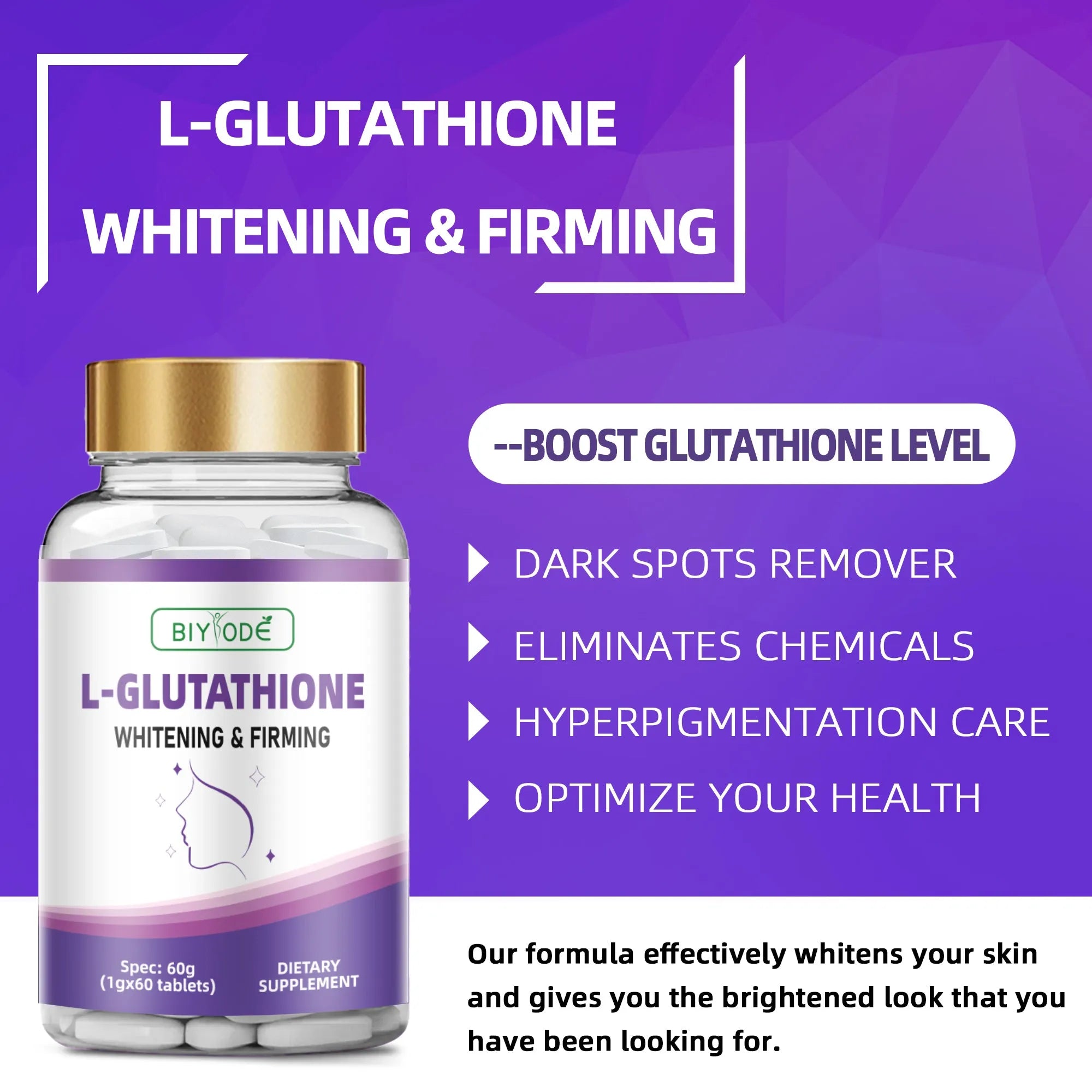 Bottle of Biyode L-Glutathione Tablets 60 tablets for skin whitening and firming original flavour