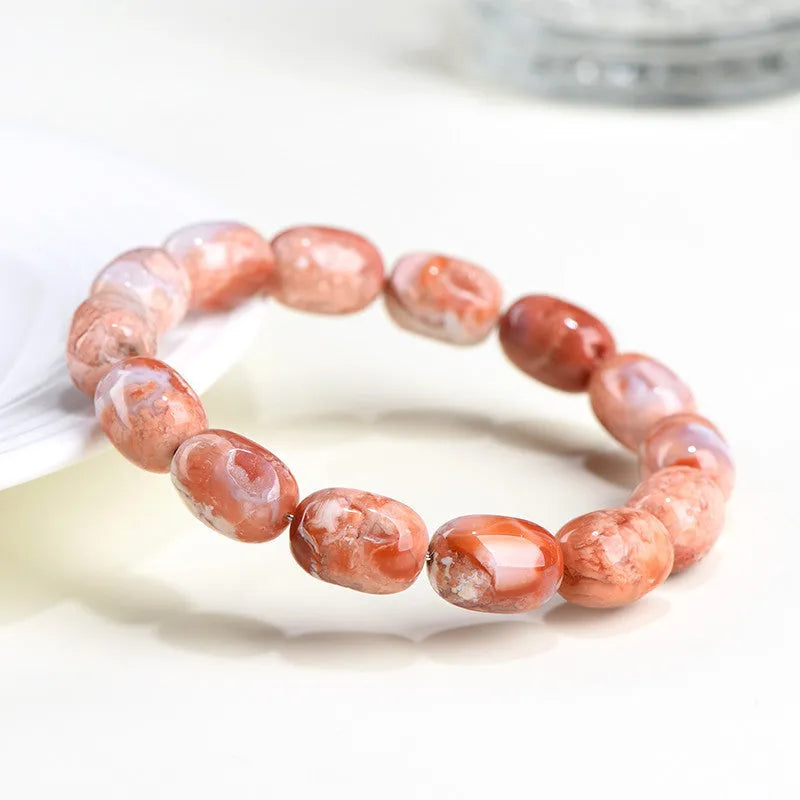 Natural cherry blossom agate barrel bead bracelet with ruyi pattern design