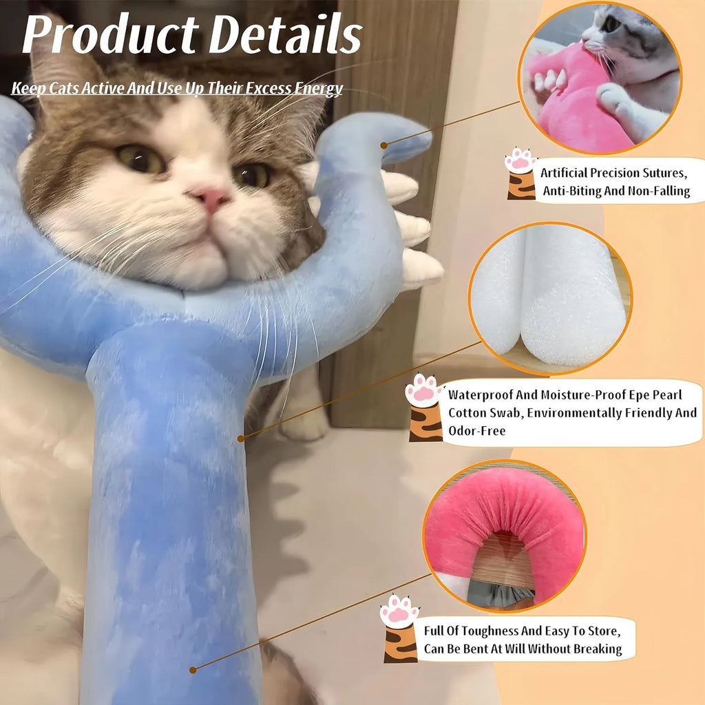 Blue and pink plush cat wand toy with foam-filled head measuring 70cm long