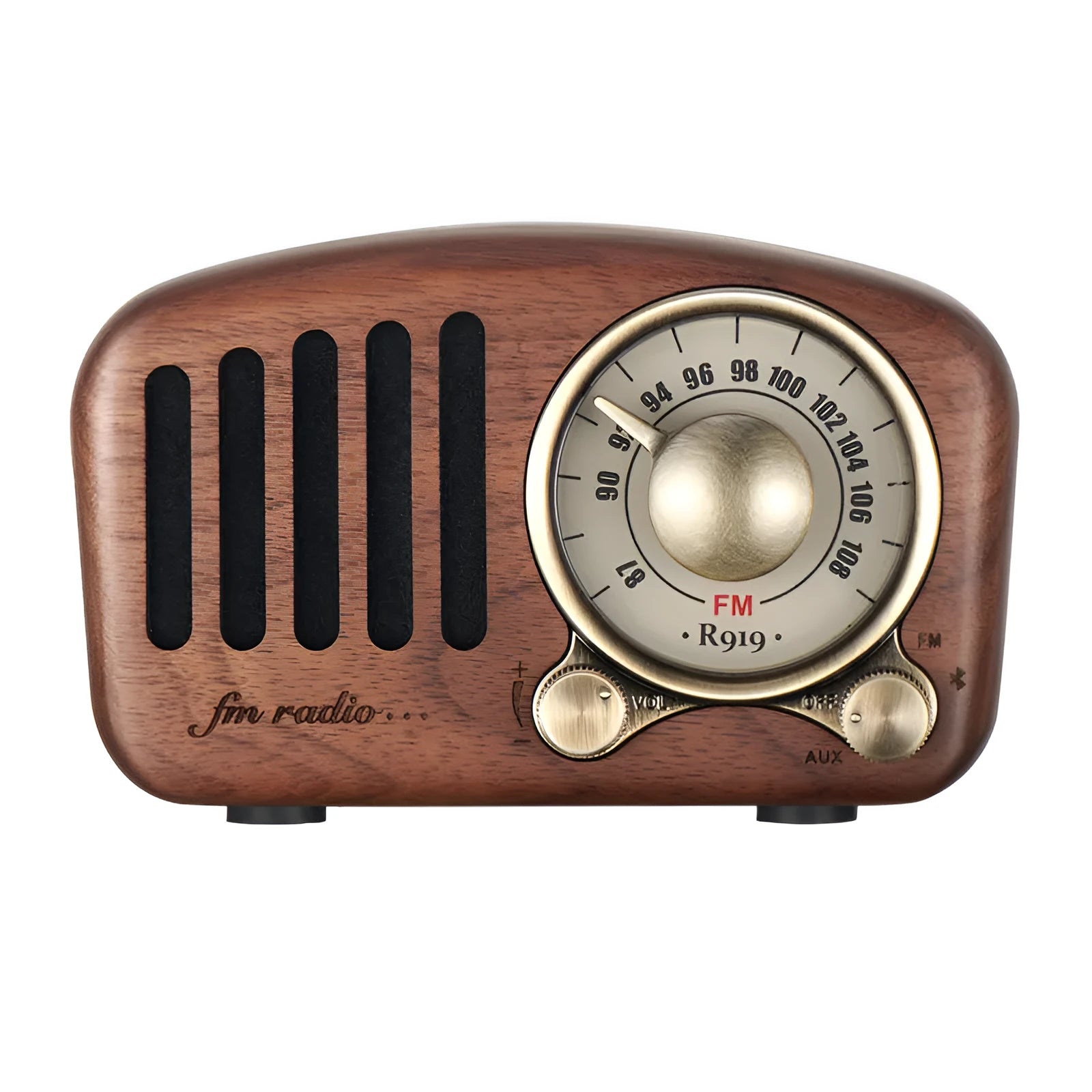 Retro wooden wireless mini speaker in cherry wood finish on a wooden table.