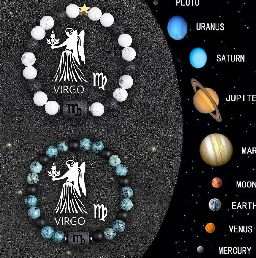 Set of twelve natural stone zodiac sign bracelets with elastic closures arranged in circle