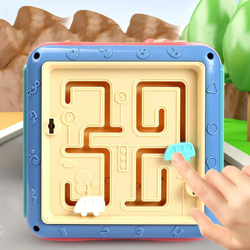 Colourful six-sided Montessori educational activity cube for babies with bead maze and gears
