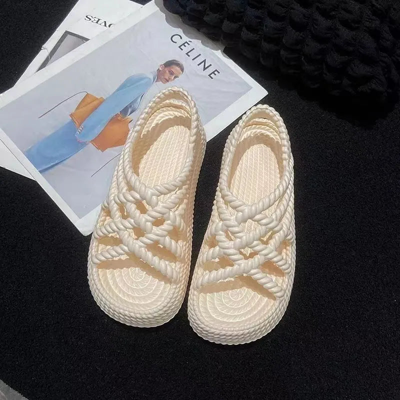 PVC non-slip sandals with flower pattern in beige, round head, lightweight design for women