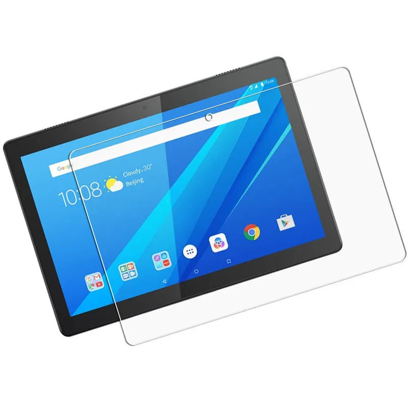 White Lenovo Tab E10 PET film screen protector on a tablet showing scratch protection