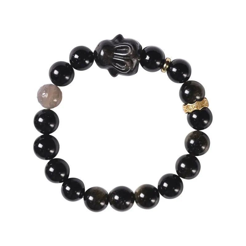 Handmade national style bracelet with lying rabbit Jin Yaoshi charm on neutral background, 8mm beads