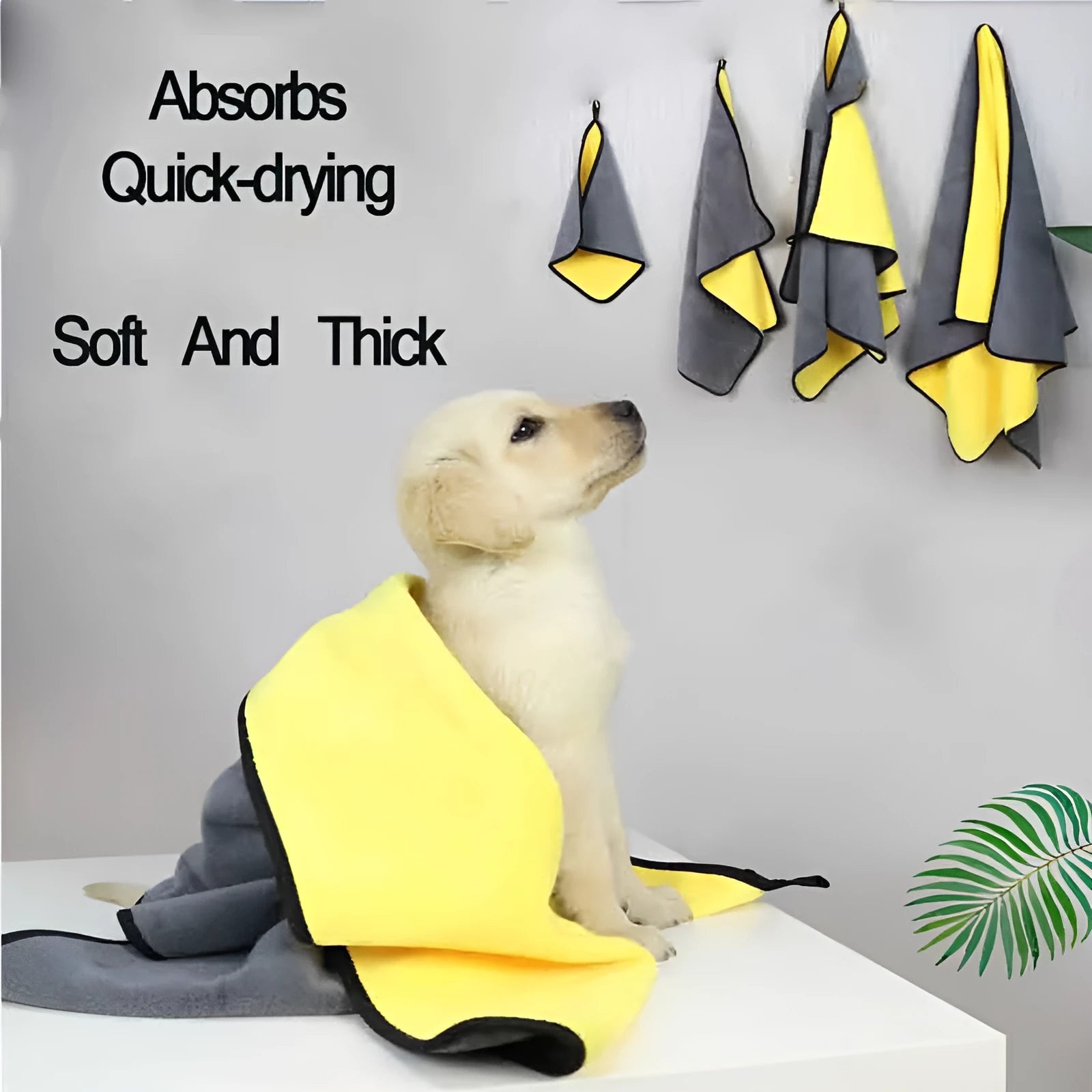 Yellow microfibre absorbent towel with strong water absorption, double-sided, available in four sizes for pet drying and cleaning