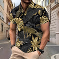 Men's gold tropical plant pattern short sleeve polyester shirt, front view, summer casual top