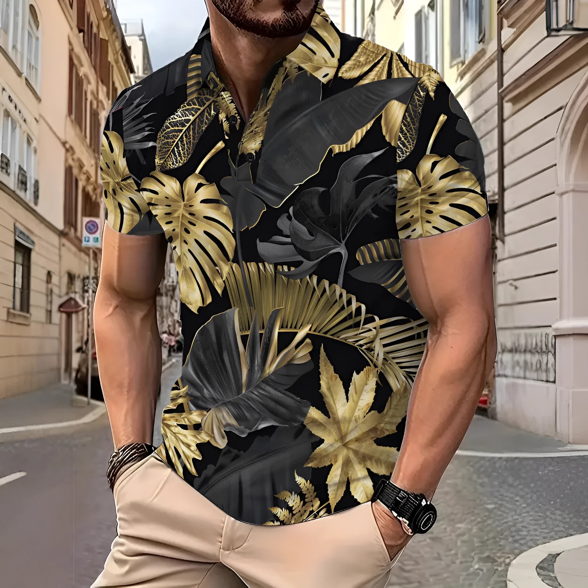 Men's gold tropical plant pattern short sleeve polyester shirt, front view, summer casual top