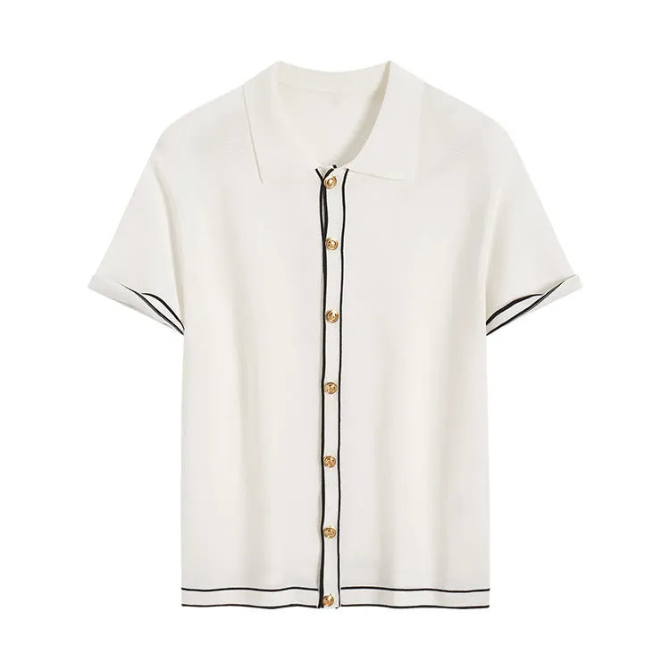White short sleeve cardigan with dark contrast trim on the lapels.