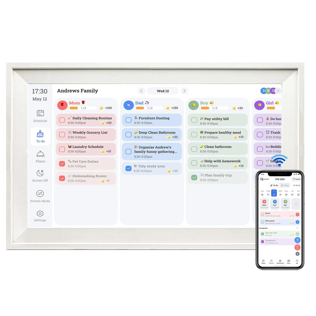 White 15.6 inch smart digital photo frame on a table with app control interface on a phone.