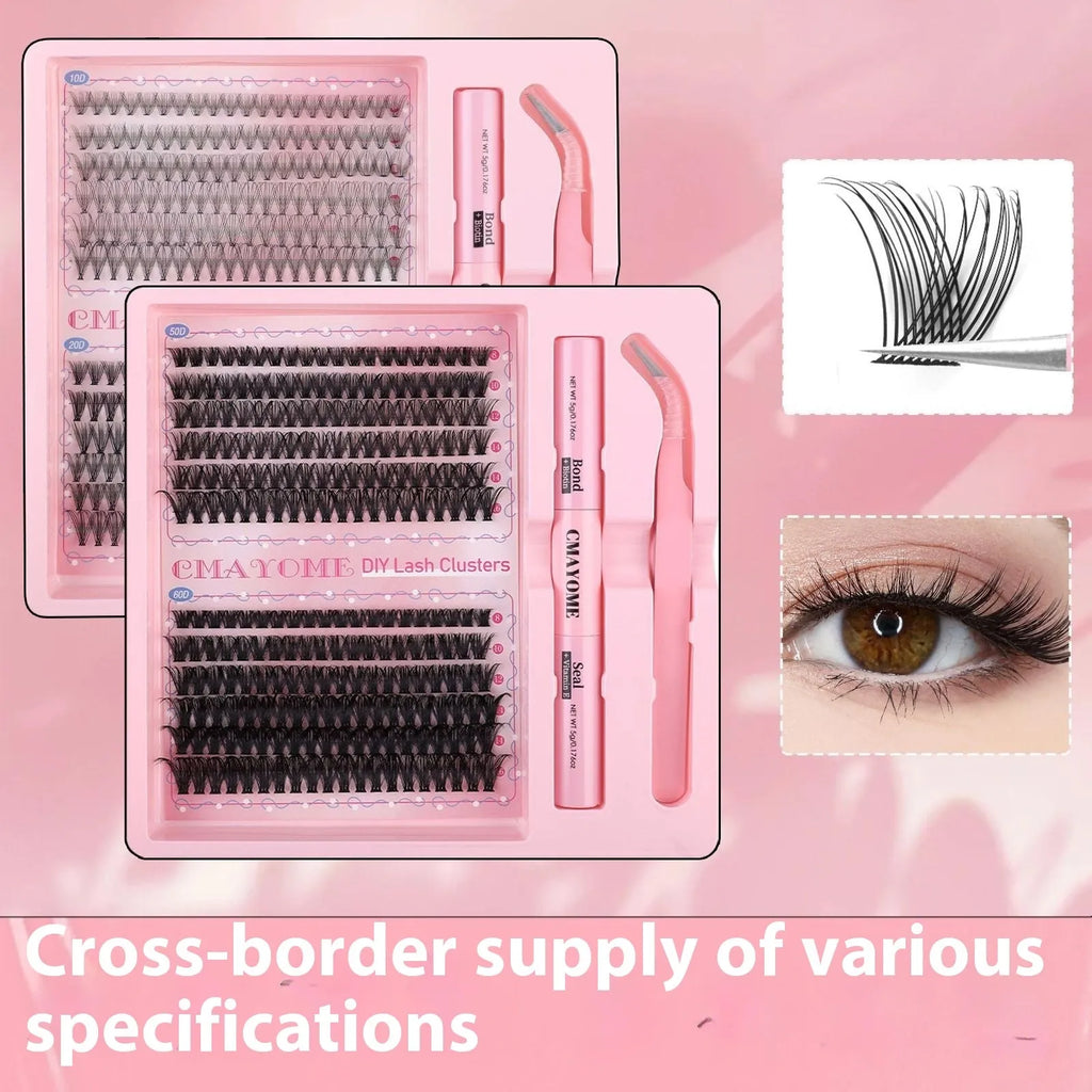DIY single cluster false eyelashes showing artificial fibre mixed split type clusters on storage tray