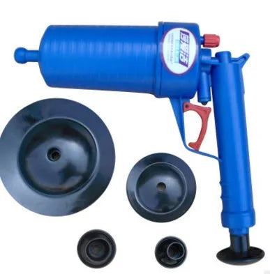 High-pressure plastic drain blaster gun with four suction cup adaptors for unblocking pipes.