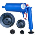 High-pressure plastic drain blaster gun with four suction cup adaptors for unblocking pipes.
