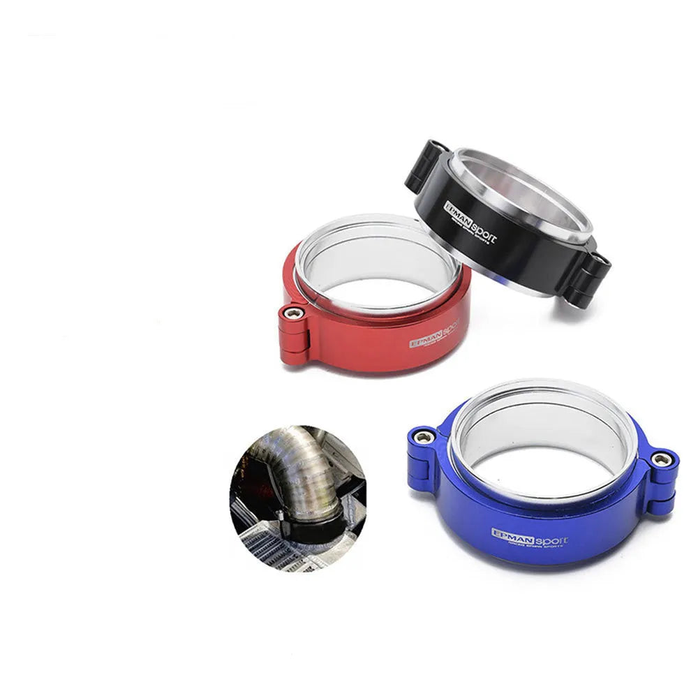 Aluminium fixed movement exhaust clamp for turbo systems in black, with size markings