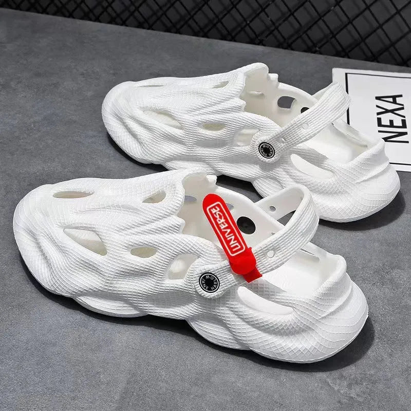 Korean-style grey EVA foam closed-toe slippers with a frosted texture and thickening sole.