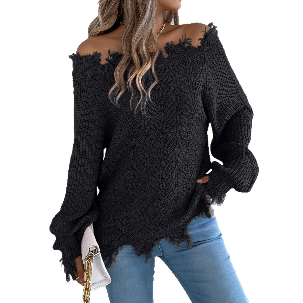 White cut off-the-shoulder pullover sweater with hollow-out long sleeves and street fashion styling