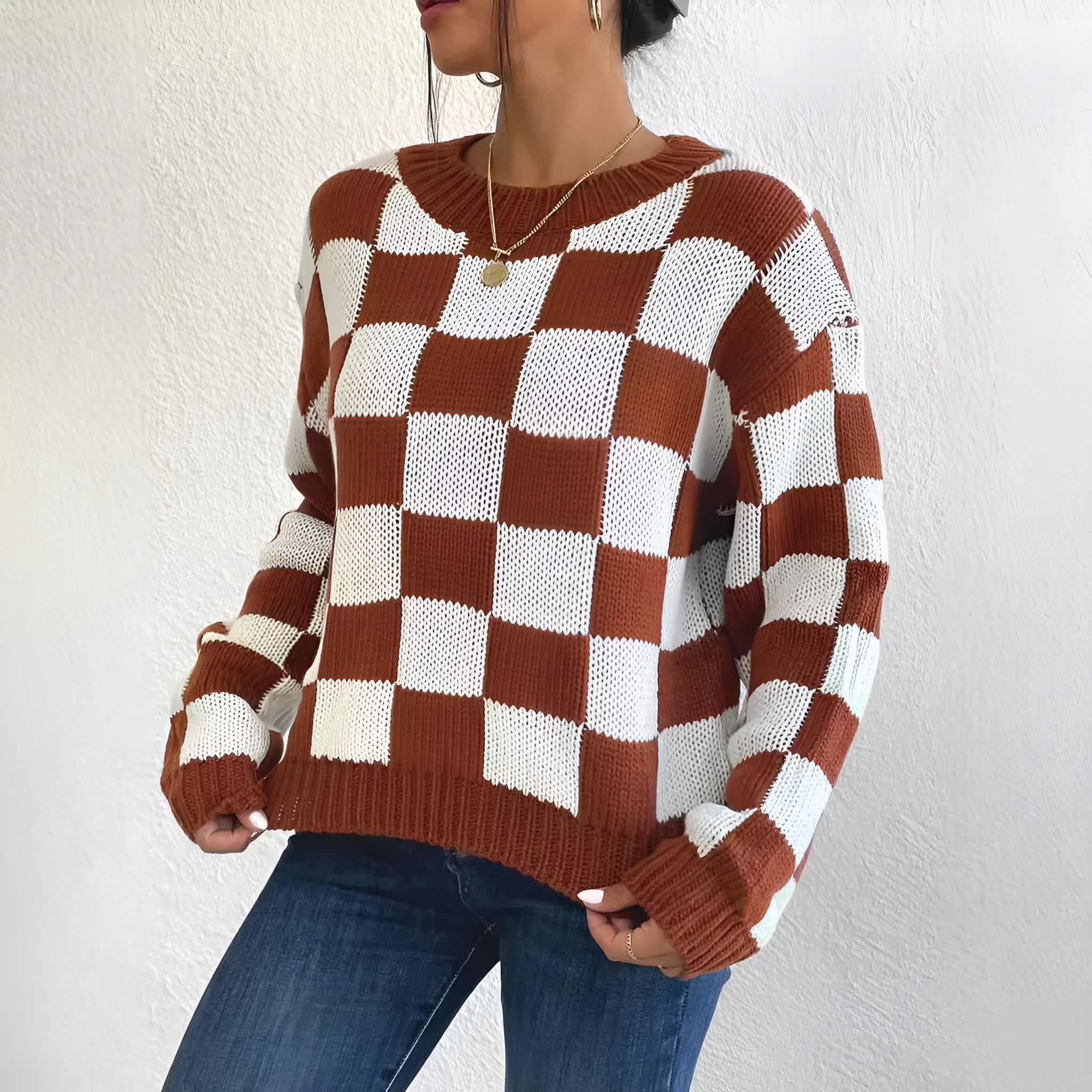 Dark brown chessboard plaid women's pullover sweater with loose round neck and long sleeves