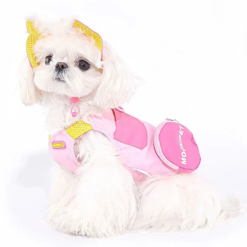 Pink pet traction vest made from 100% polyester fibre with leash ring hole, available in sizes XXS to XXL.