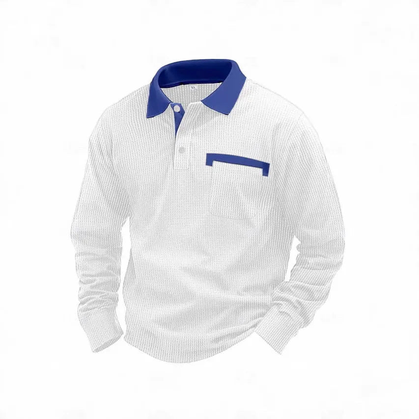 Man wearing a long-sleeved waffle-knit polo shirt in a solid colour with asymmetric detailing.