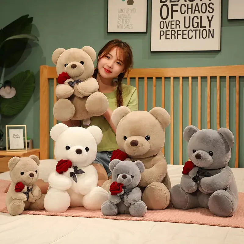 Soft plush rose bear teddy doll in beige, brown or grey colours with PP cotton stuffing
