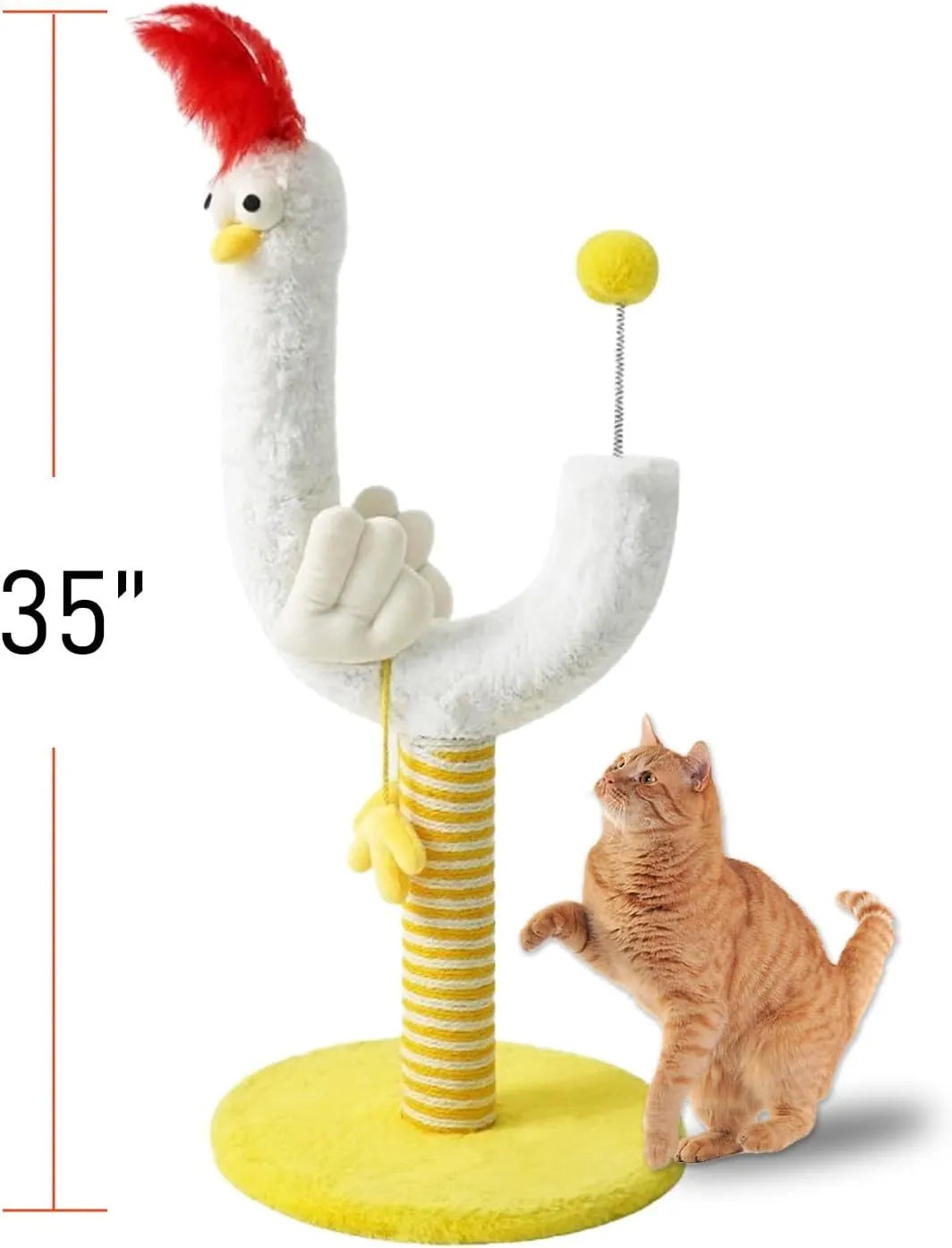 Yellow sisal rope cat scratching post with spring ball toy attached