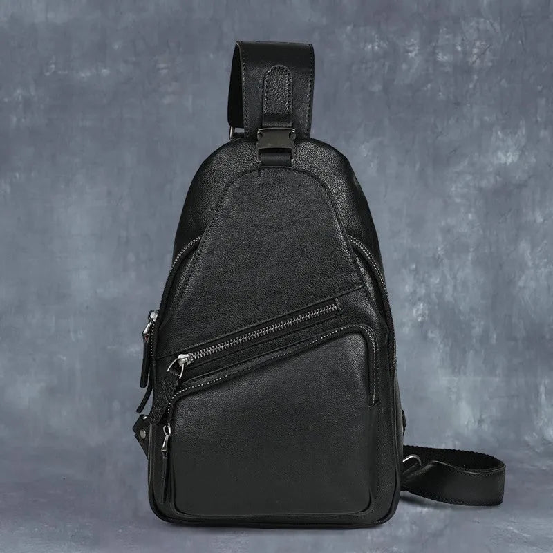 Men's genuine leather chest crossbody messenger bag retro hand-rubbed finish 8-inch black colour