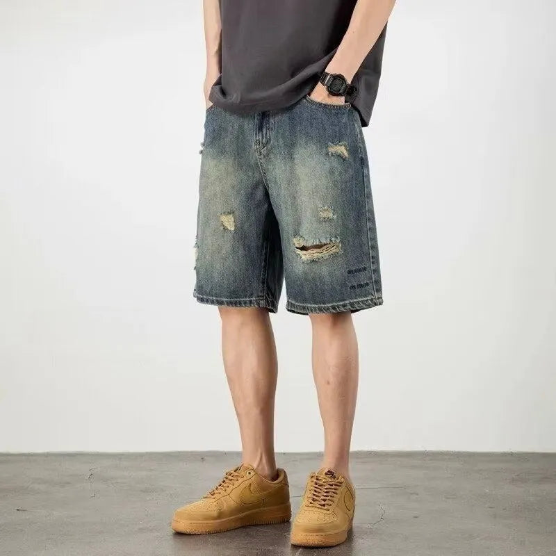 Blue retro loose hole denim men's shorts with straight-leg cut, micro-elastic fabric, in size L