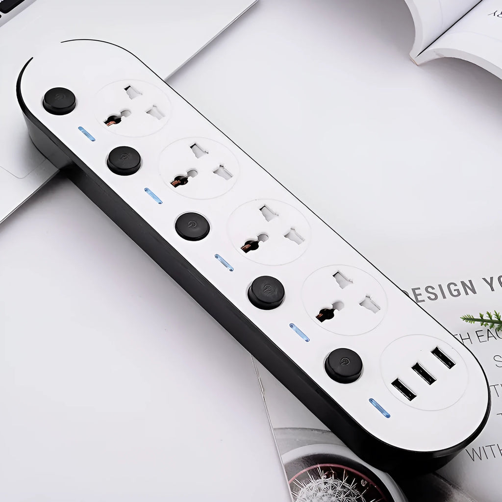 International power strip with multiple switches, USB ports, and compatible with EU, US, UK and AU plug standards