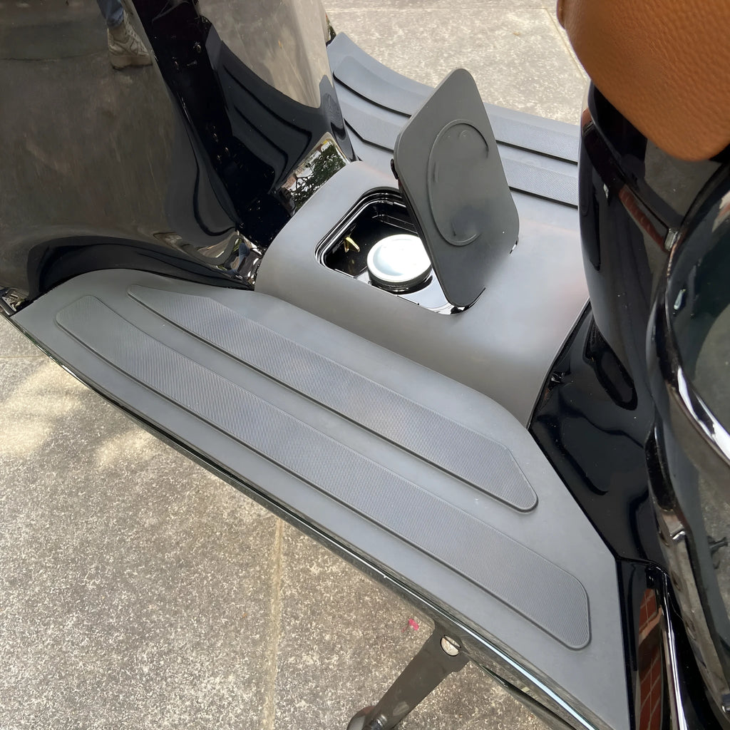 3D rubber motorcycle foot pad in black gray with open tank port for front pedal