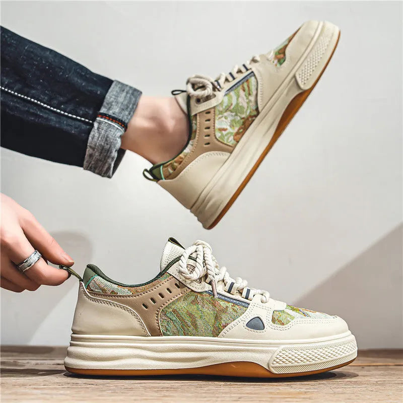 Beige and Milan green canvas casual shoes with flat heel and round toe on a plain background.