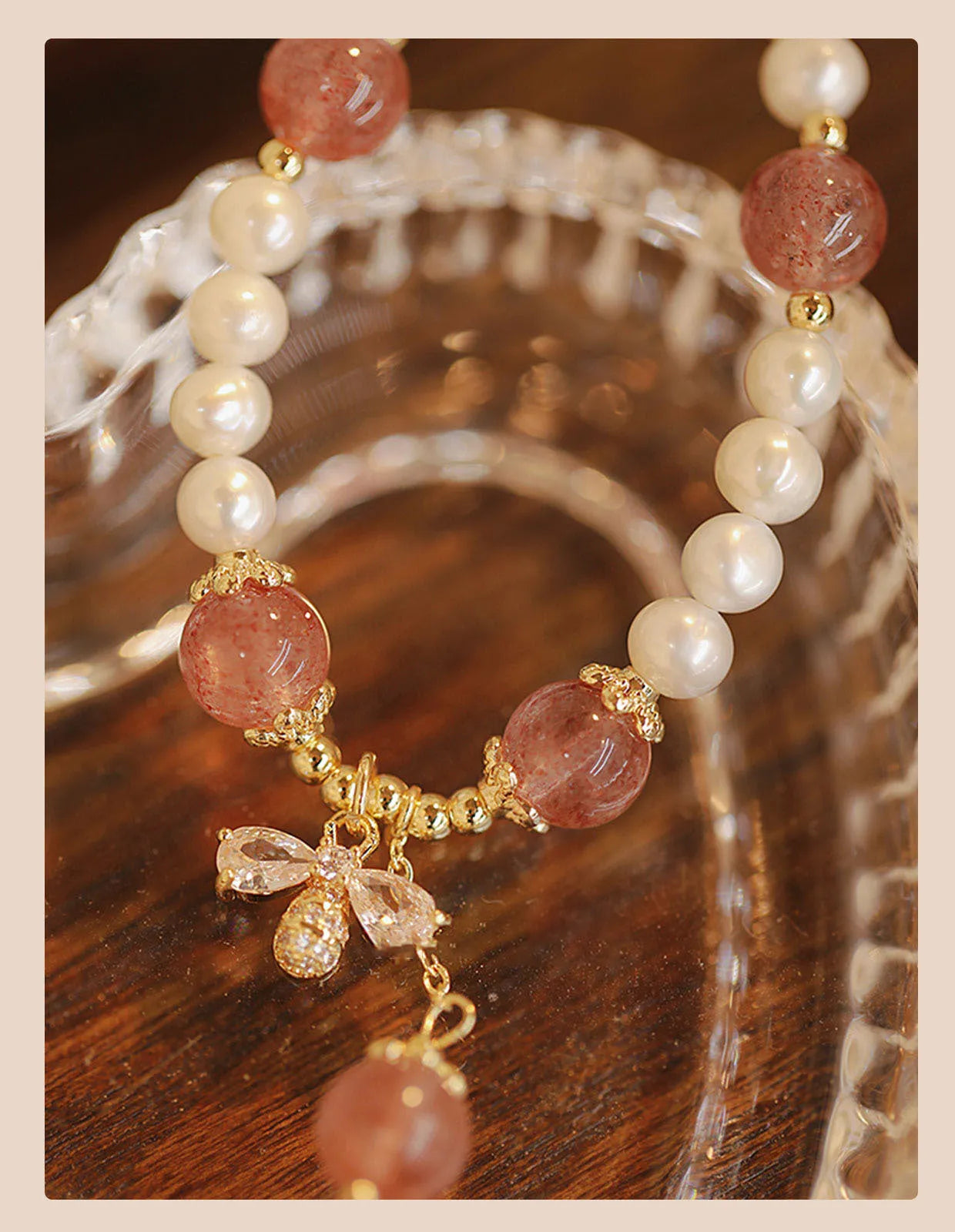 Crystal strawberry quartz stringed pearls bracelet with bow for women summer INS style