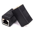 Black RJ45 female-to-female network cable extender coupler with a rotary union.