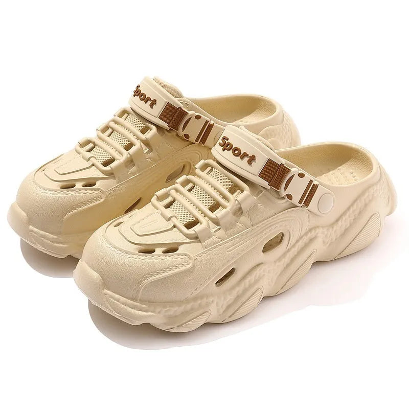 Men's khaki outdoor slippers with a hollow out design and textured EVA sole.