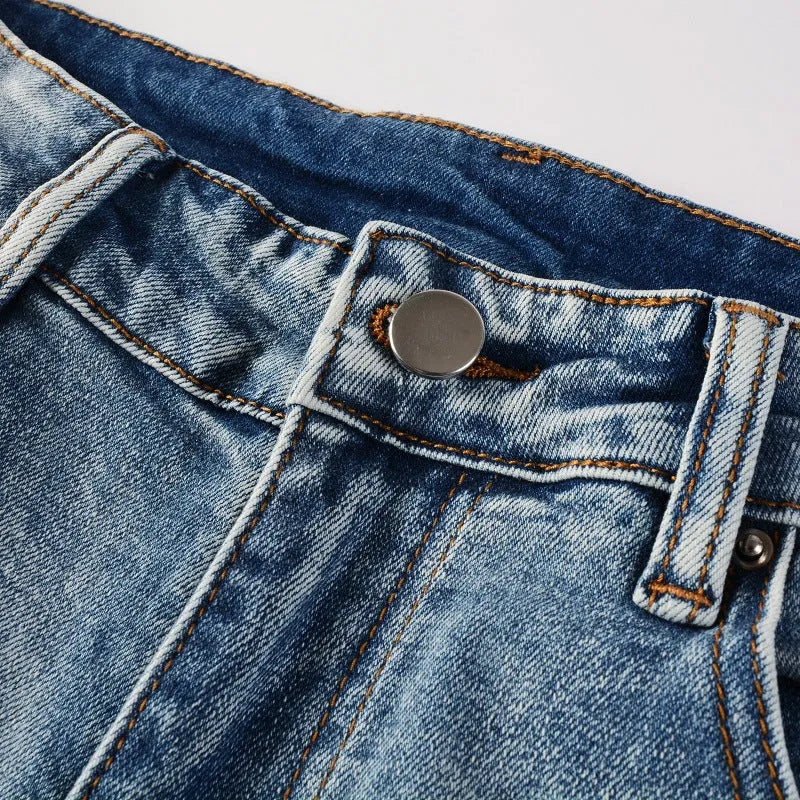 Bright white washed distressed cat beard patch ripped slim straight leg mid waist jeans cotton denim