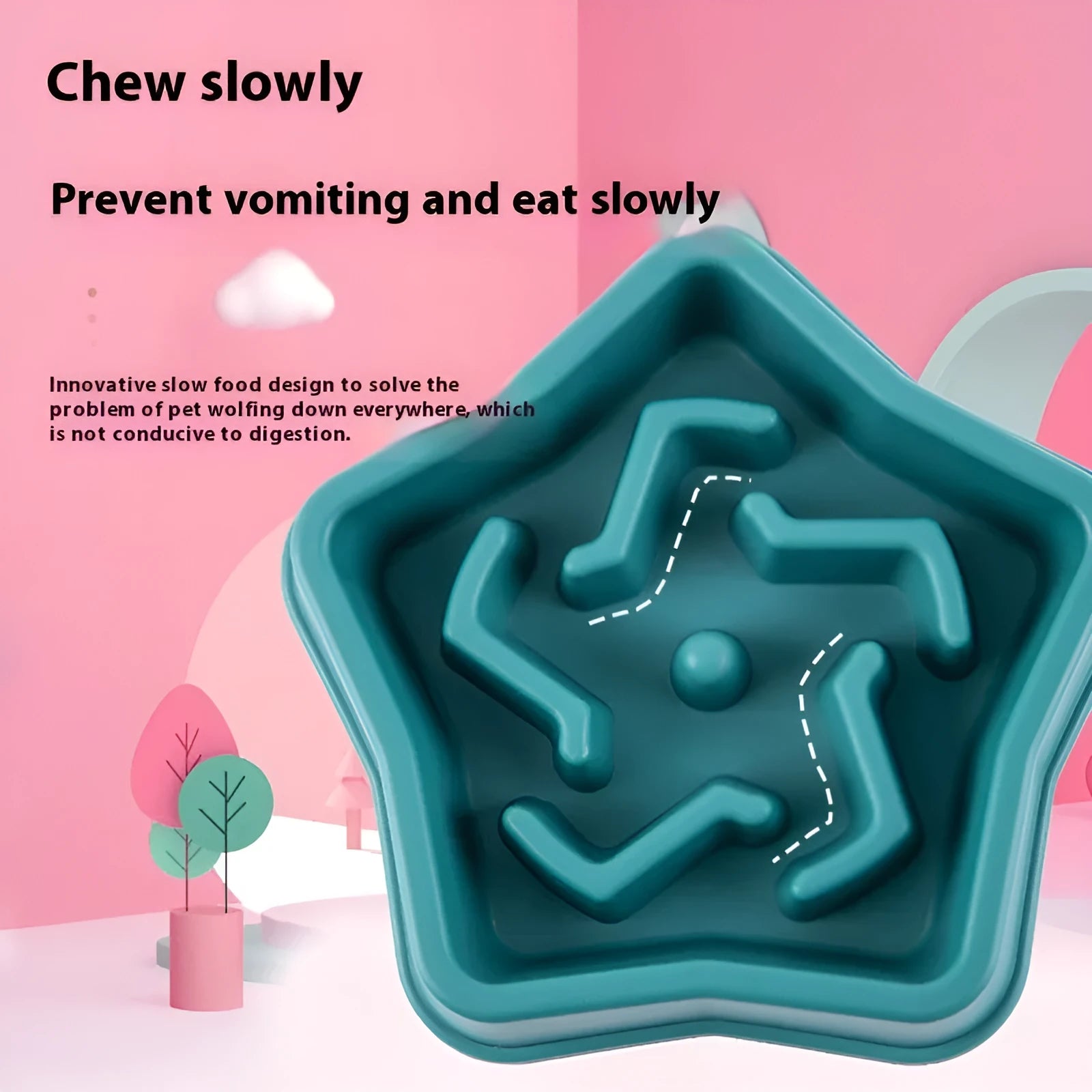 Yellow plastic dog slow feeding bowl with rough bottom pattern, 20.1cm diameter, isolated on white background