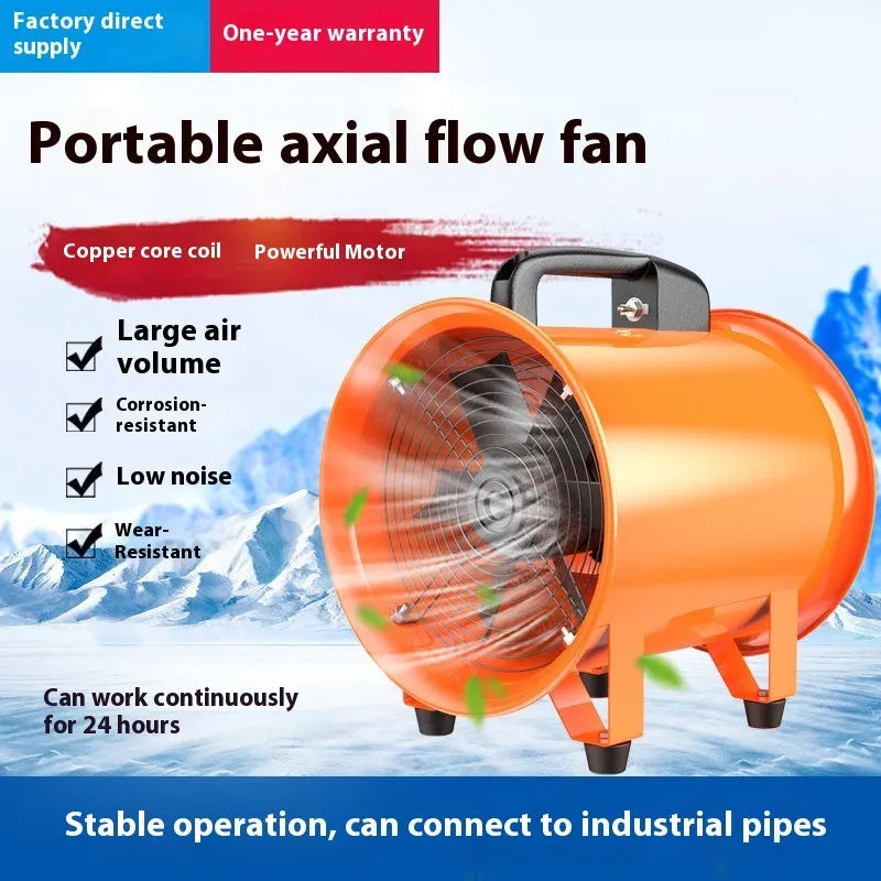 Portable titanium steel 8-inch axial flow industrial fan with a 5-metre air duct.