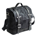 Thick waterproof canvas motorcycle side bag in black with cowhide top and adjustable straps